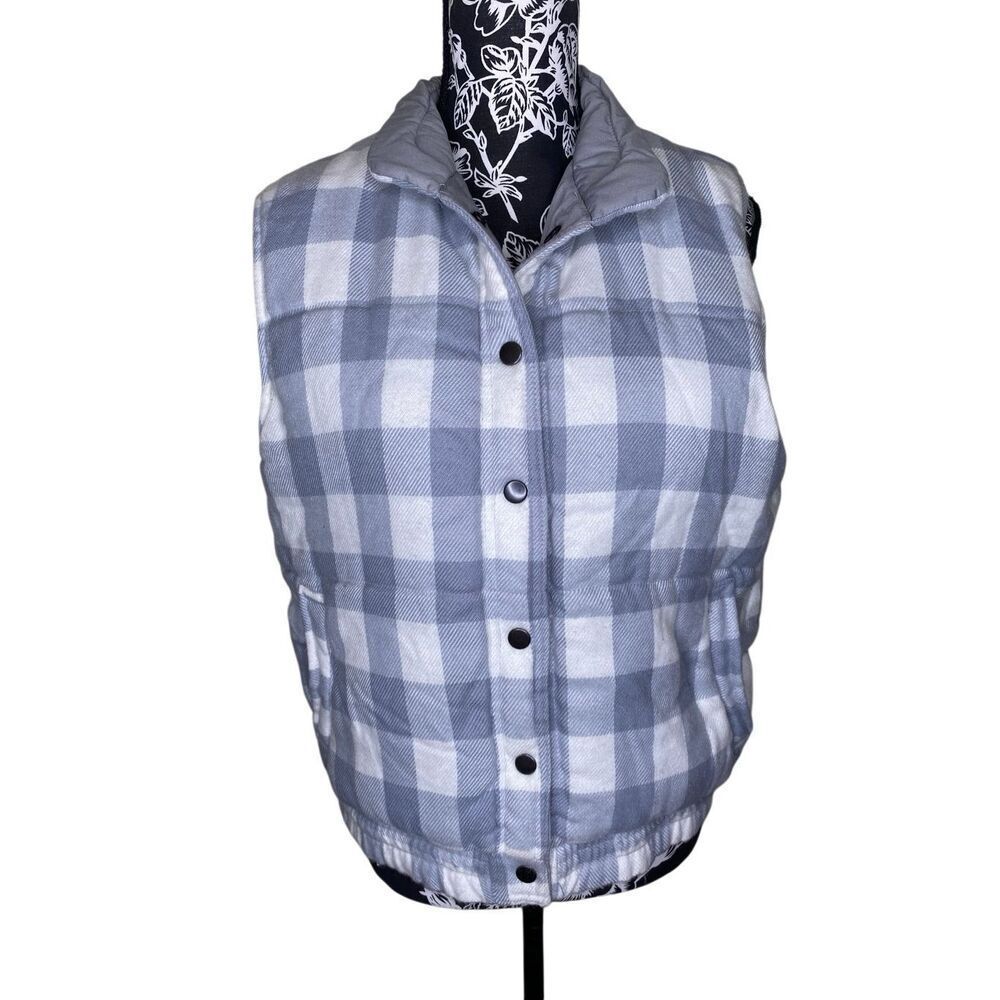 Plaid Puffer Vest Gray White Snap Front Cropped Casual Womens Medium Outdoors